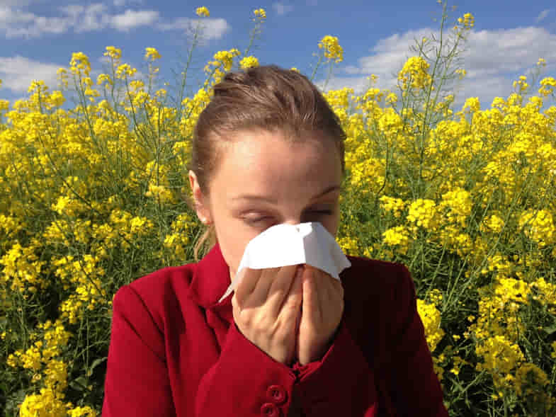 Una ragazza allergica ai pollini si soffia il naso in un campo fiorito | Justbob